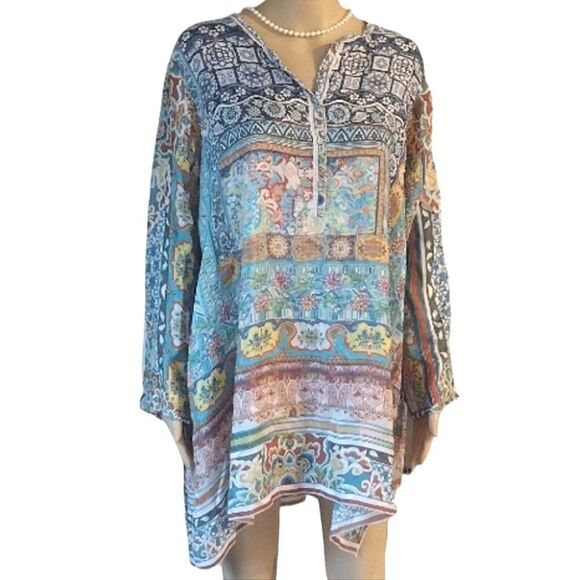 Johnny Was Women's Size Medium Multicolor Abstract Print Long Sleeve Silk Tunic - Picture 1 of 12